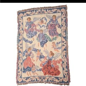 Vintage Angel Cherub Tapestry Throw Blanket in Blue, Cream & Pink Pastels